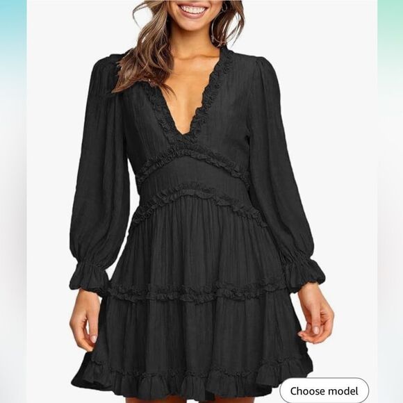 Womens Deep V Neck Ruffle Long Sleeve Floral Print Boho Mini Dress Large - Picture 1 of 7